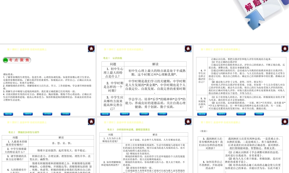 【中考复习方案】2015中考政治总复习 第1课时 走进中学 在成长的道路上课件（考点聚焦+考点拓展+考题探究+解题指导）