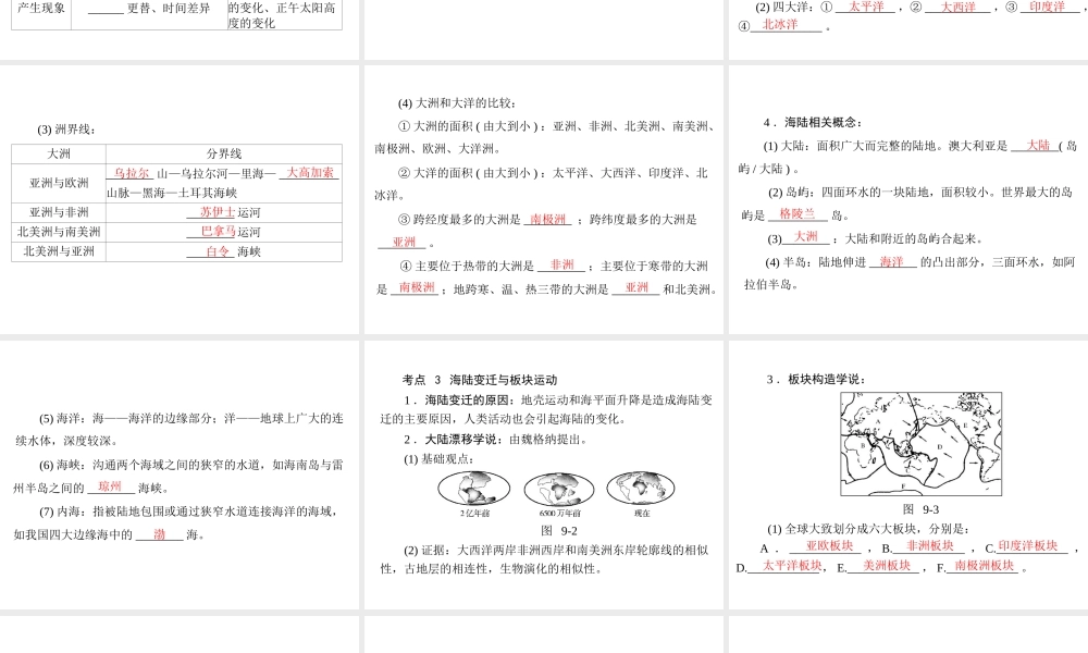 【南方新中考】（梅州）2015中考地理 第三部分 专题九 地球运动与海陆分布复习课件