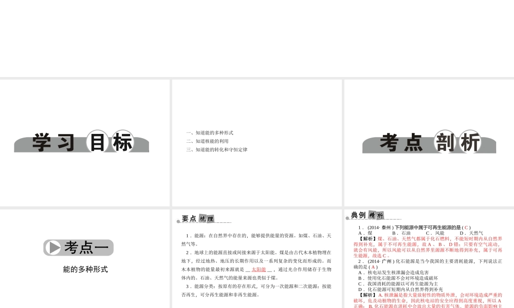 【中考面对面】浙江省2015中考科学总复习 第18讲 能的形式与转化课件