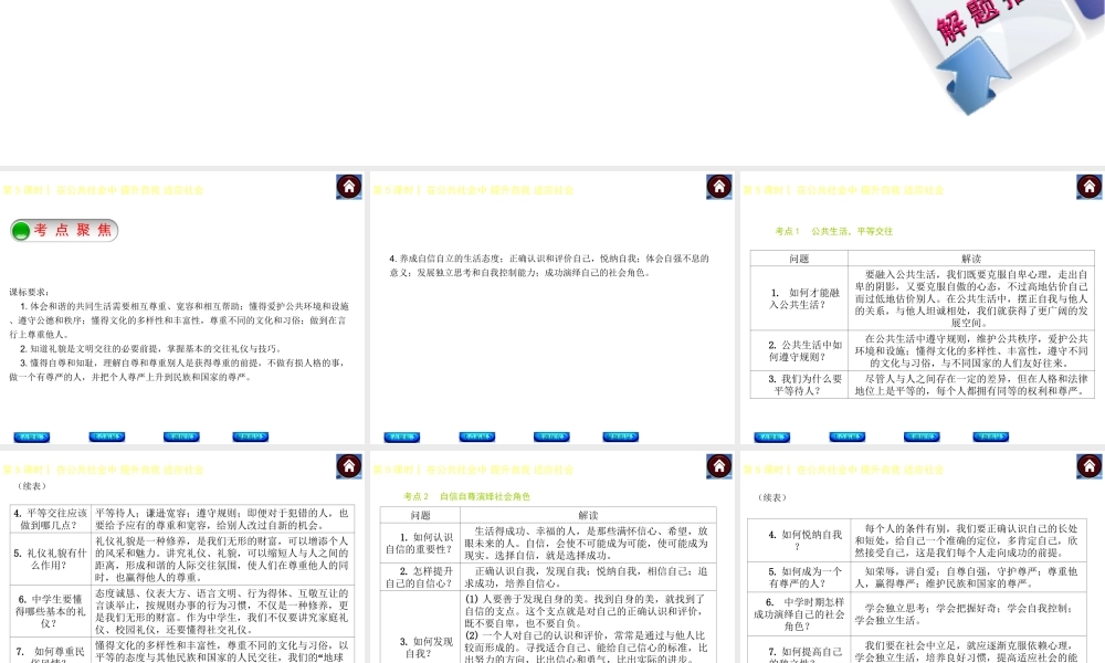 【中考复习方案】2015中考政治总复习 第5课时 在公共生活中 提升自我 适应社会课件（考点聚焦+考点拓展+考题探究+解题指导）