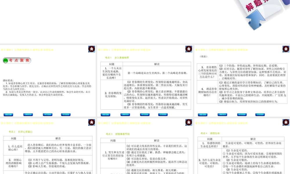 【中考复习方案】2015中考政治总复习 第8课时 让青春充满活力 感悟生命 珍爱生命课件（考点聚焦+考点拓展+考题探究+解题指导）