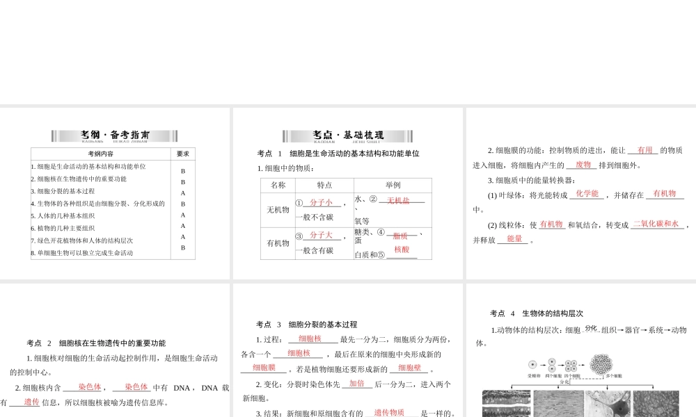 【南方新中考】（梅州）2015中考生物 第一部分 第2单元 第二讲 动植物体的结构层次复习课件