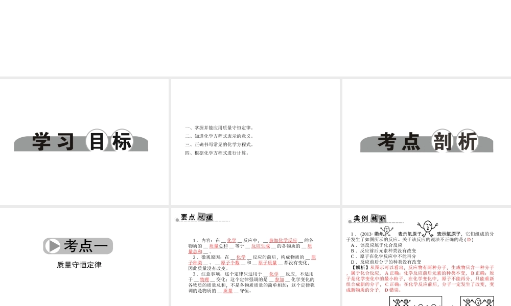 【中考面对面】浙江省2015中考科学总复习 第29讲 质量守恒定律和化学方程式课件