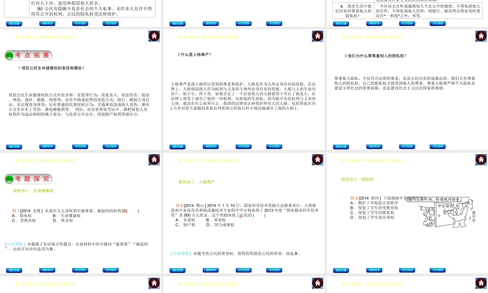 【中考复习方案】2015中考政治总复习 第14课时 关注我们的人身权利课件（考点聚焦+考点拓展+考题探究+解题指导）