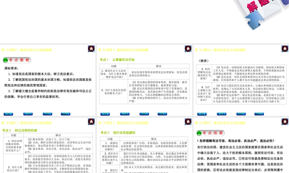 【中考复习方案】2015中考政治总复习 第15课时 建设社会主义法治国家课件（考点聚焦+考点拓展+考题探究+解题指导）