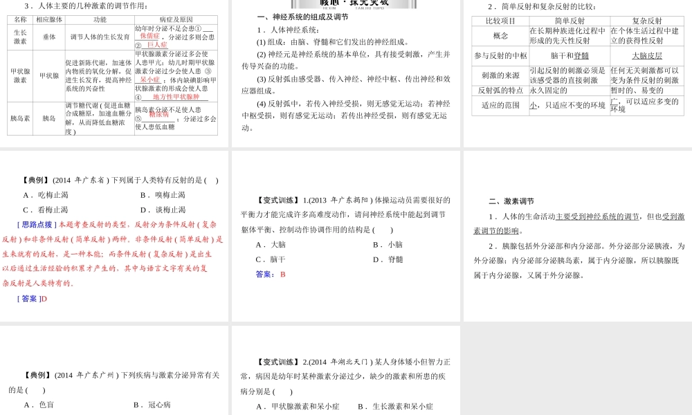 【南方新中考】（南粤专用）2015中考生物 第一部分 第四章 第四讲 人体的生命活动调节复习课件