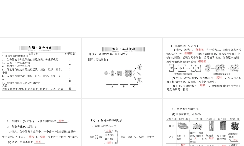 【南方新中考】（南粤专用）2015中考生物 第一部分 第一章 第二讲 细胞怎样构成生物体复习课件
