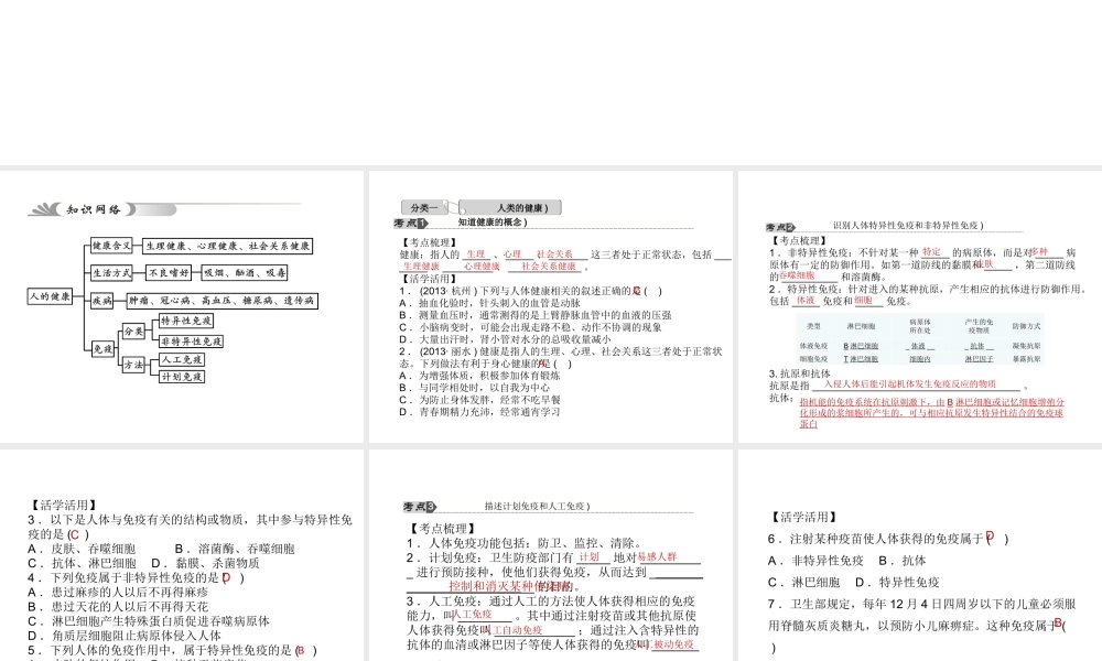 【中考试题研究】2015中考科学总复习 第11讲 人体保健课件 浙教版