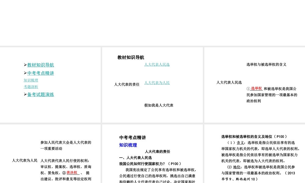 【贵州中考面对面】2015届中考政治总复习 知识梳理精讲 九全 第九课 人大代表的责任课件 人民版