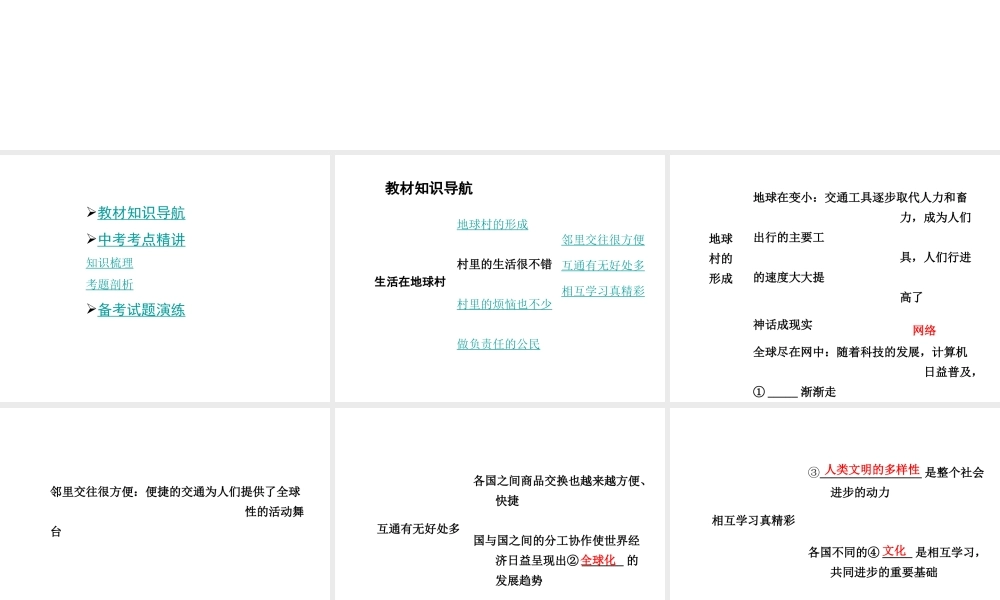 【贵州中考面对面】2015届中考政治总复习 知识梳理精讲 九全 第一课 生活在地球村课件 人民版