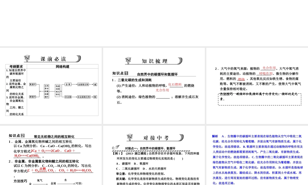 【步步高】浙江省2014年中考科学一轮复习 第30讲 物质间的循环和转化课件
