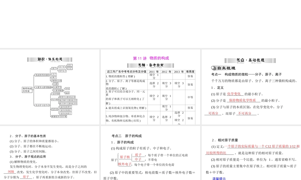 【南方新中考】2014年中考化学 第一部分 第三单元 第11讲 物质的构成课件