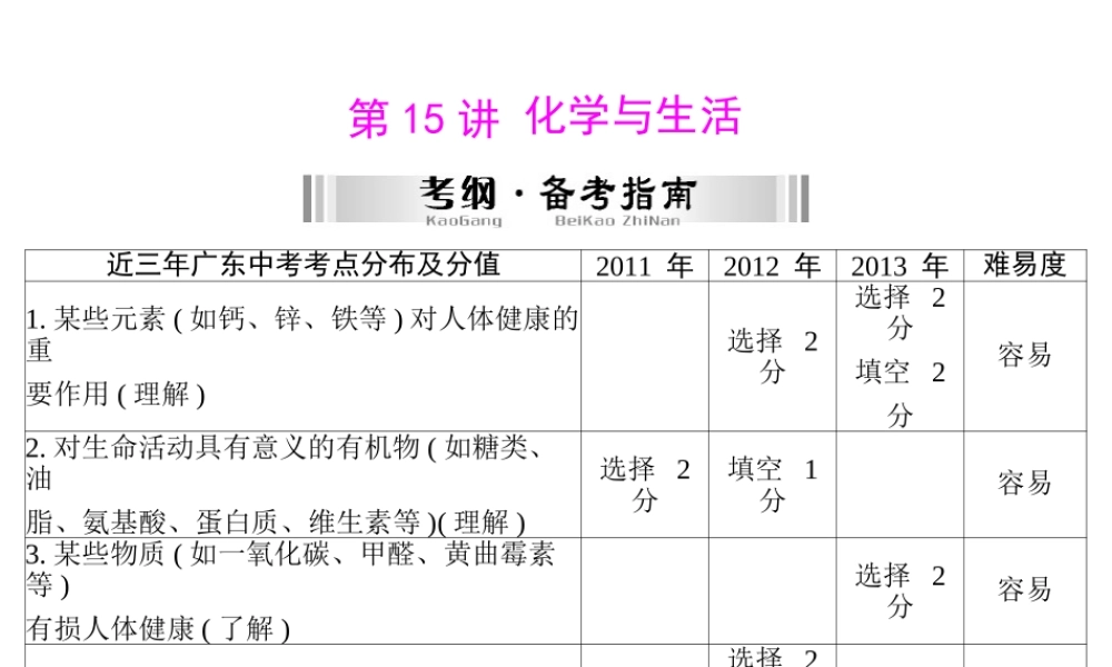 【南方新中考】2014年中考化学 第一部分 第四单元 第15讲 化学与生活课件