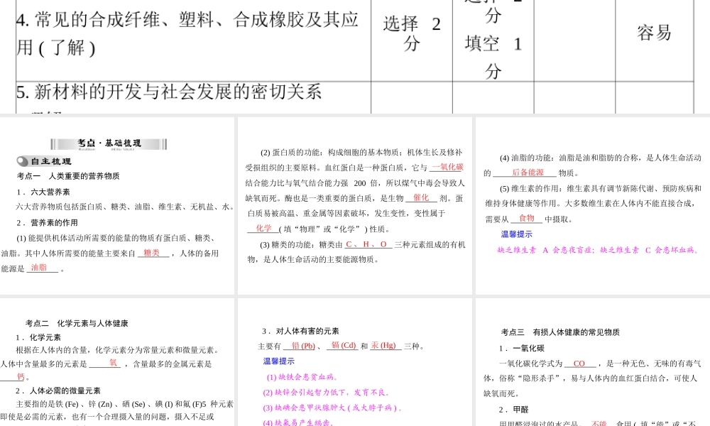 【南方新中考】2014年中考化学 第一部分 第四单元 第15讲 化学与生活课件