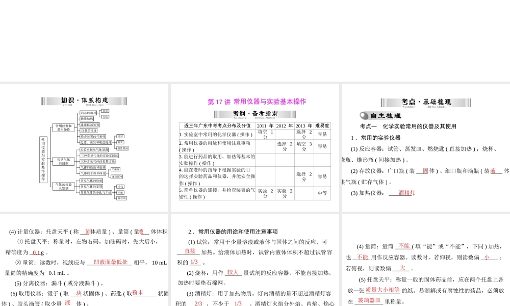 【南方新中考】2014年中考化学 第一部分 第五单元 第17讲 常用仪器与实验基本操作课件