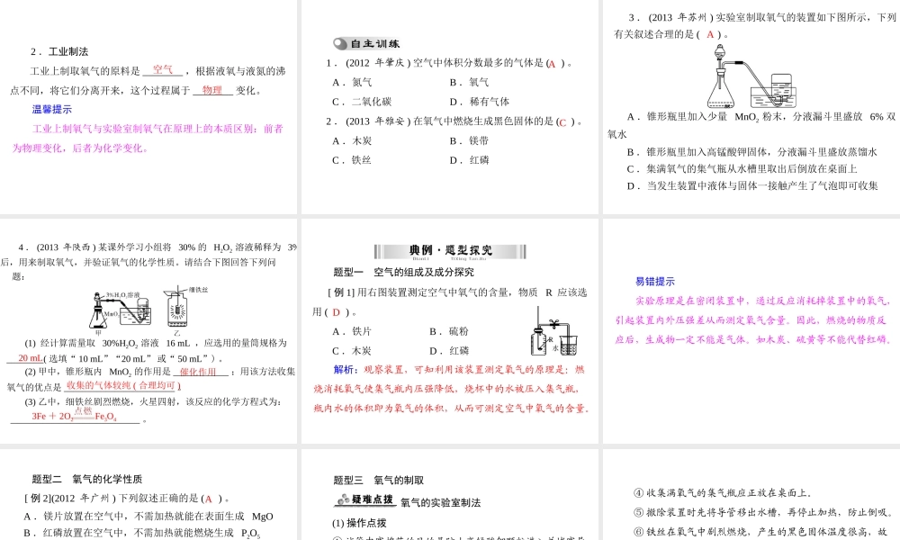 【南方新中考】2014年中考化学 第一部分 第一单元 第1讲 空气 氧气课件