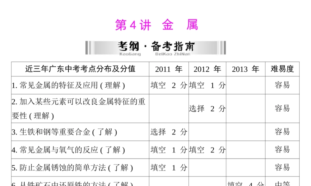 【南方新中考】2014年中考化学 第一部分 第一单元 第4讲 金属课件