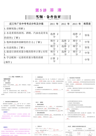 【南方新中考】2014年中考化学 第一部分 第一单元 第5讲 溶液课件
