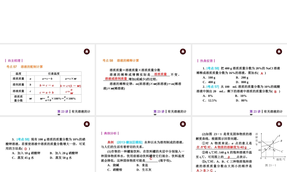 【夺分天天练】（天津专用）2014年中考化学总复习 第23讲 有关溶液的计算 课件课件（自主梳理+热身反馈+典例分析+名师预测）
