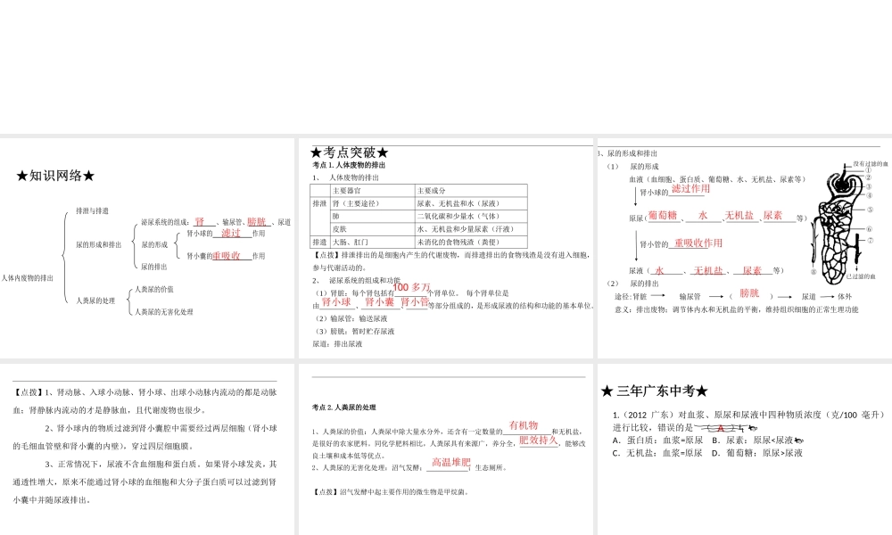 【高分突破】广东省2014中考生物专题复习 第四单元 第五章 人体内废物的排出课件