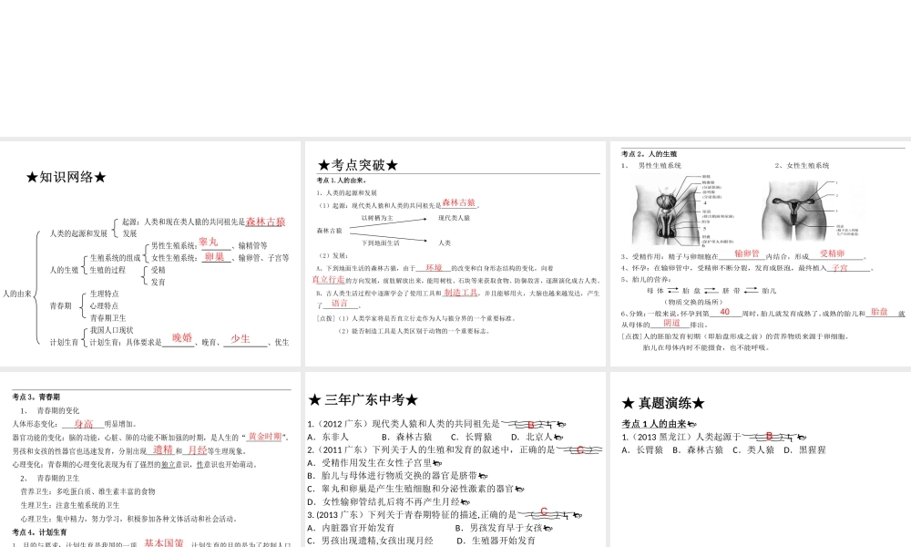 【高分突破】广东省2014中考生物专题复习 第四单元 第一章 人的由来课件