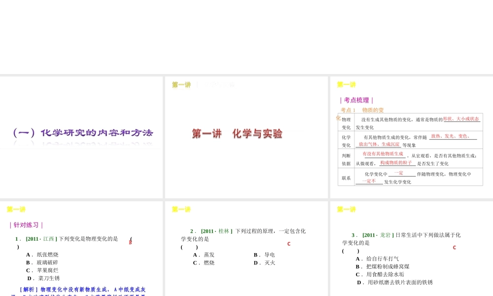 【夺分天天练】2012版中考化学第二轮复习 专题1化学研究的内容和方法精品课件
