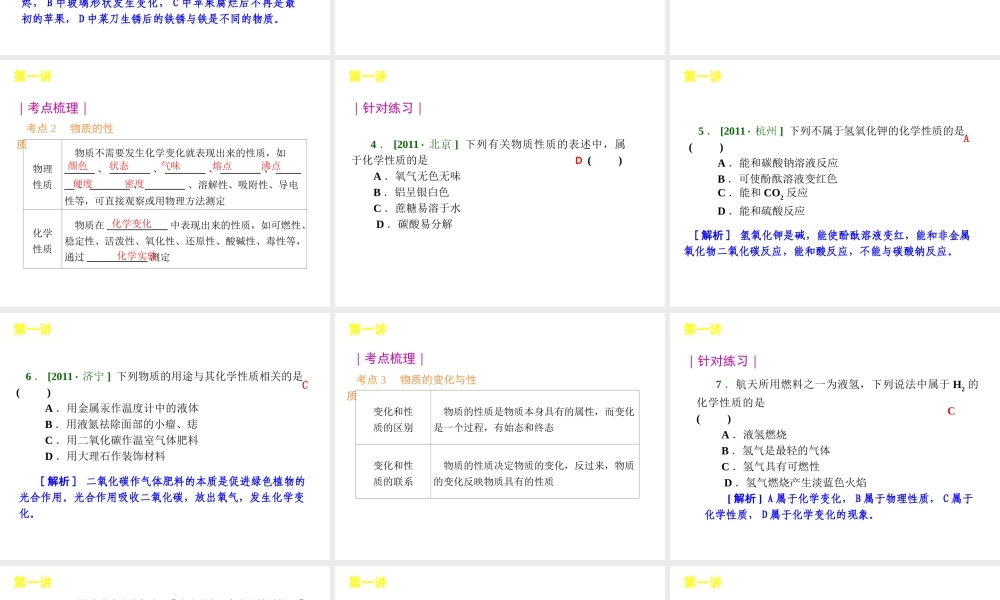 【夺分天天练】2012版中考化学第二轮复习 专题1化学研究的内容和方法精品课件