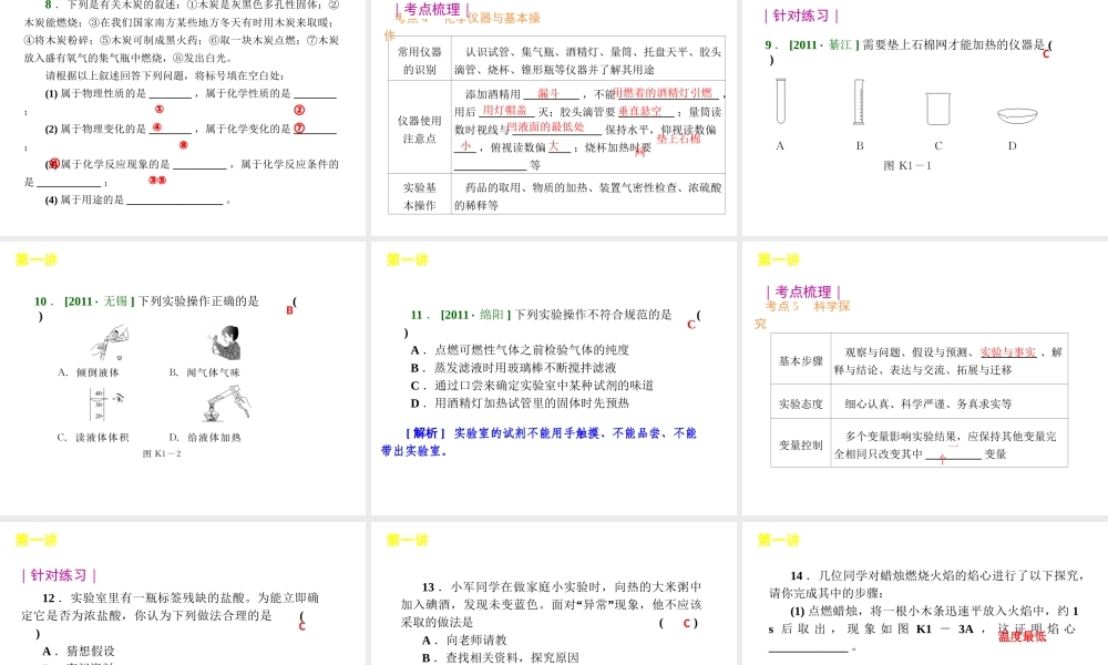 【夺分天天练】2012版中考化学第二轮复习 专题1化学研究的内容和方法精品课件
