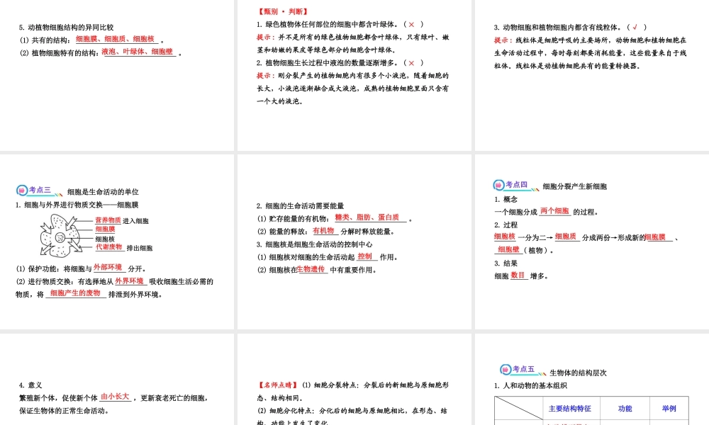 【全程复习方略】2013版中考生物 第3、4章 细胞 生物体的结构层次配套课件 北师大版
