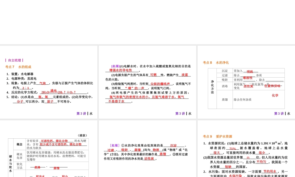 【夺分天天练】2014年中考化学总复习 第3讲 水（自主梳理+热身反馈+典例分析+名师预测）课件 新人教版