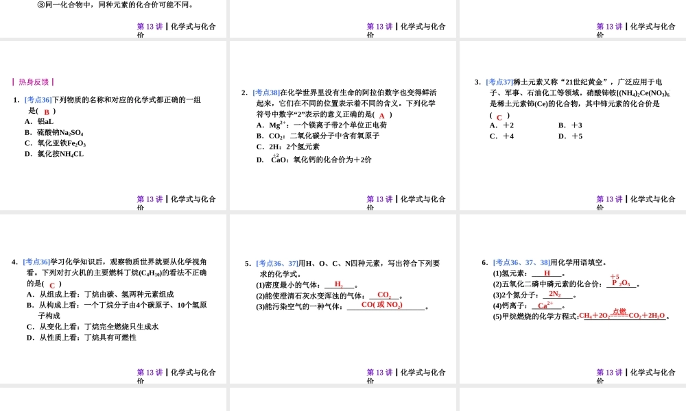 【夺分天天练】2014年中考化学总复习 第13讲 化学式与化合价（自主梳理+热身反馈+典例分析+名师预测）课件 新人教版