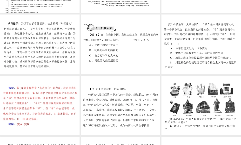 【百年学典】2015中考政治总复习 专题突破七 弘扬中华文化 培育民族精神 建设精神文明课件 新人教版