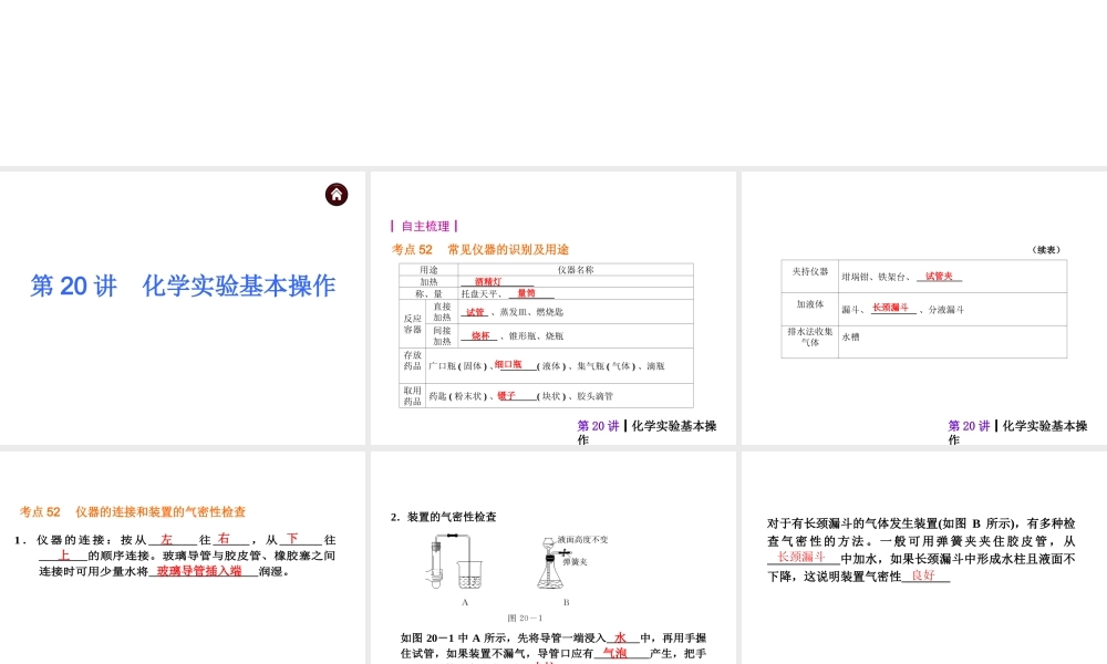 【夺分天天练】2014年中考化学总复习 第20讲 化学实验基本操作（自主梳理+热身反馈+典例分析+名师预测）课件 新人教版