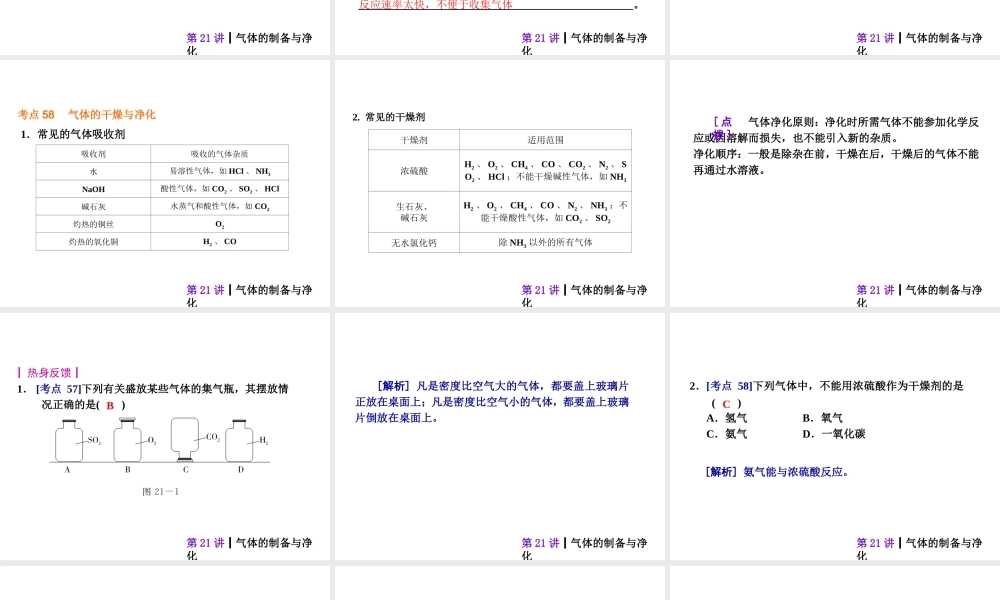 【夺分天天练】2014年中考化学总复习 第21讲 气体的制备与净化（自主梳理+热身反馈+典例分析+名师预测）课件 新人教版