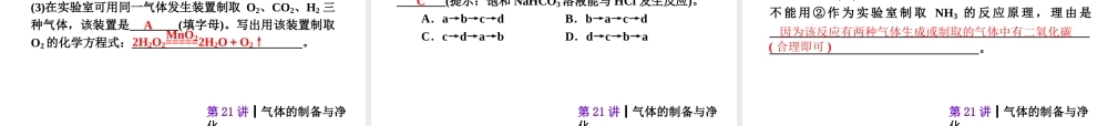 【夺分天天练】2014年中考化学总复习 第21讲 气体的制备与净化（自主梳理+热身反馈+典例分析+名师预测）课件 新人教版