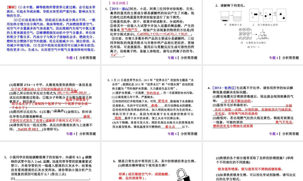 【夺分天天练】2014年中考化学总复习 主题六专题4 分析简答题（自主梳理+热身反馈+典例分析+名师预测）课件 新人教版