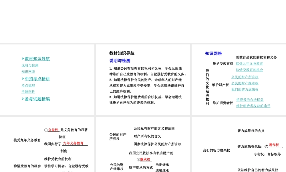 【河南中考面对面】2015年中考政治总复习 八下 第7单元 我们的文化经济权利课件 粤教版