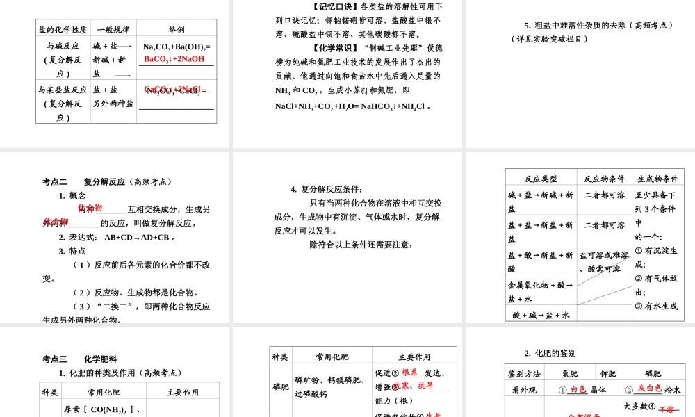 【广西中考面对面】2015年中考化学总复习 第十一单元 盐 化肥课件