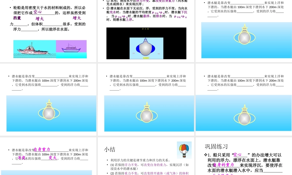 【名校课时通】2013-2014学年八年级科学上册 第一章 水和水的溶液 第3节 水的浮力 物体浮沉条件的应用课件 浙教版