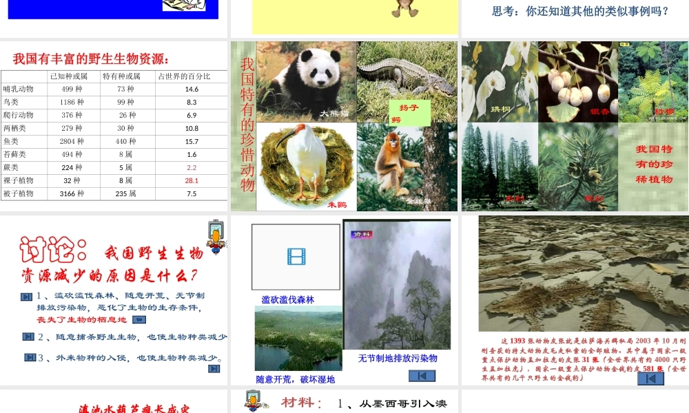 【名校课时通】2013-2014学年七年级科学上册 第2章 观察生物  第6节 物种的多样性（2） 保护物种的多样性课件 浙教版