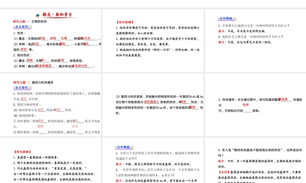 【金榜学案】2014八年级生物上册 第四单元 第四章 第二节 性状的遗传课件 济南版