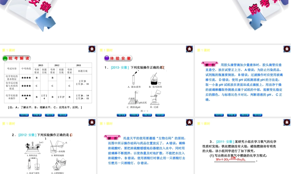 【最新中考必备】（安徽专版）2014中考化学复习方案 第1课时 走进化学世界（皖考解读+体验安徽+考点聚焦+皖考探究+13中考真题）权威课件