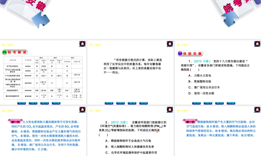 【最新中考必备】（安徽专版）2014中考化学复习方案 第2课时 我们周围的空气（皖考解读+体验安徽+考点聚焦+皖考探究+13中考真题）权威课件