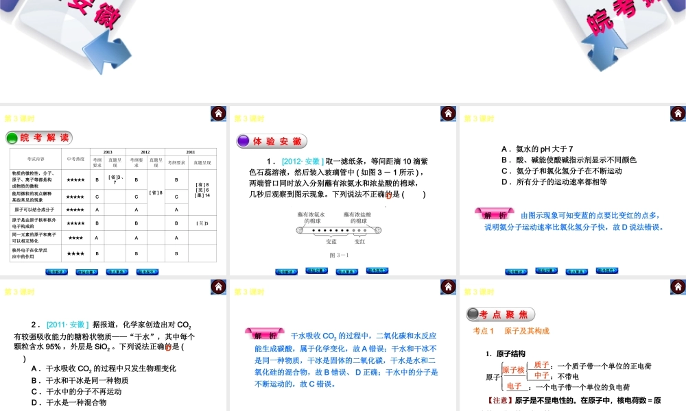 【最新中考必备】（安徽专版）2014中考化学复习方案 第3课时 分子、原子（皖考解读+体验安徽+考点聚焦+皖考探究+13中考真题）权威课件