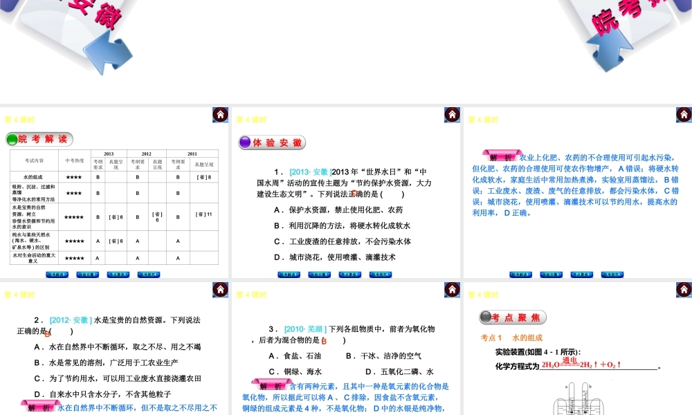 【最新中考必备】（安徽专版）2014中考化学复习方案 第4课时 水（皖考解读+体验安徽+考点聚焦+皖考探究+13中考真题）权威课件