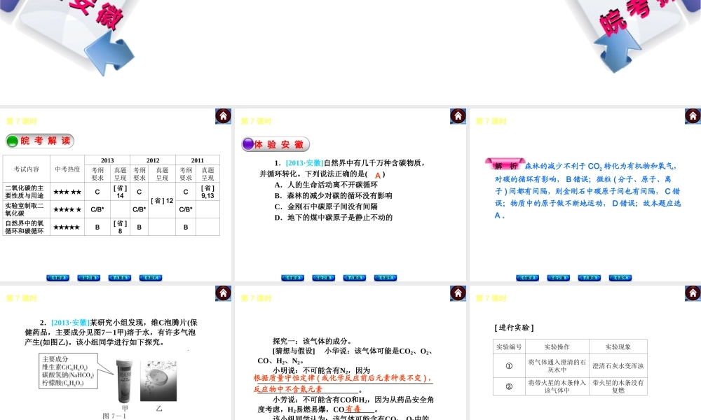 【最新中考必备】（安徽专版）2014中考化学复习方案 第7课时 碳和碳的氧化物（皖考解读+体验安徽+考点聚焦+皖考探究+13中考真题）权威课件