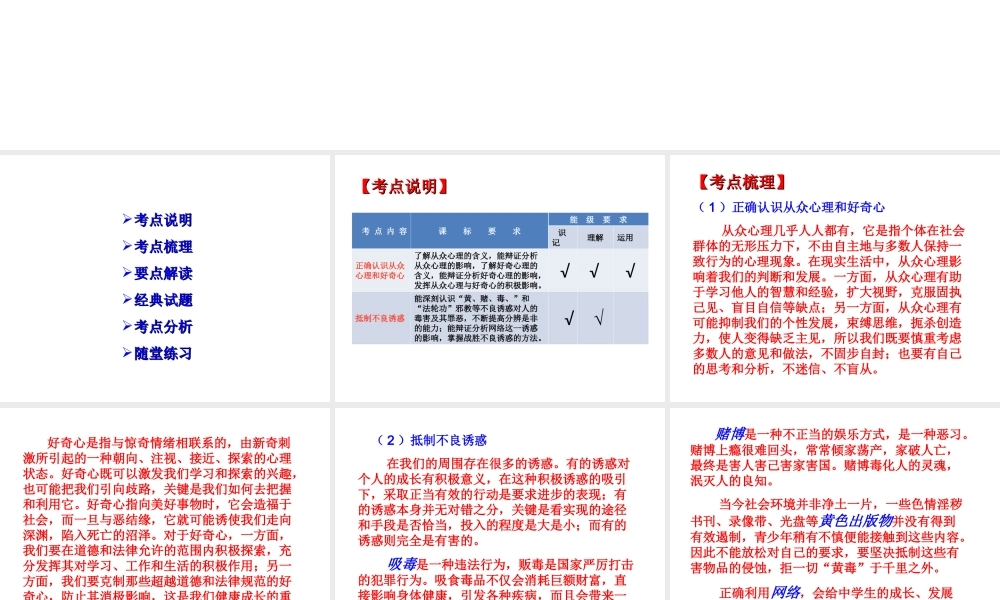 【江苏中考面对面】2015届中考政治考点复习4 面对诱惑学会说“不”课件