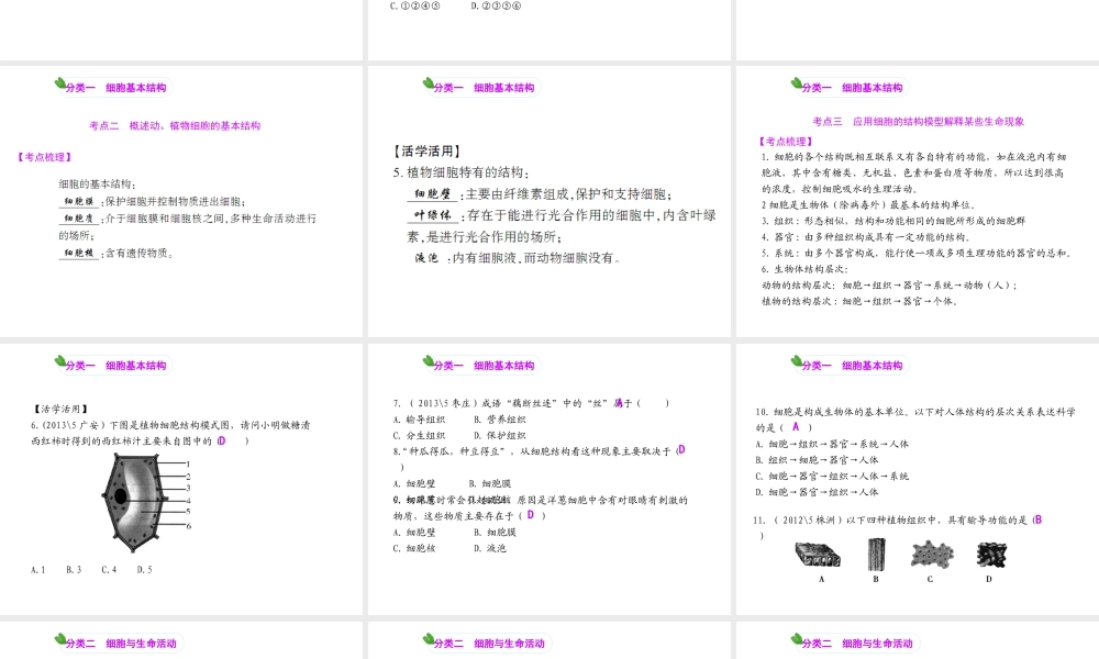 【聚焦中考】（浙江地区专版）2014中考科学总复习 第01讲 细胞课件（考点精讲+13中考真题）