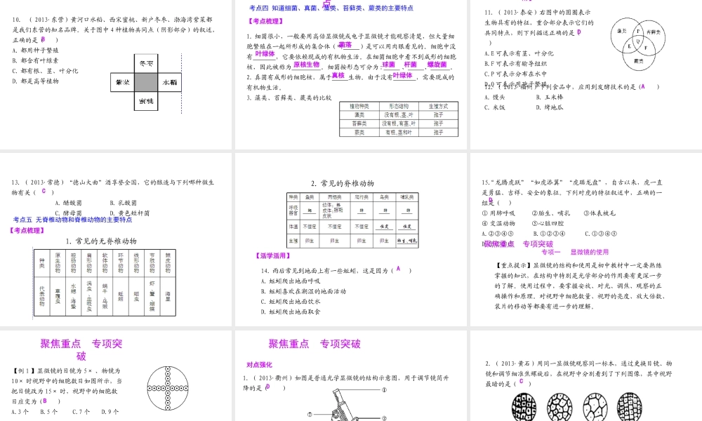 【聚焦中考】（浙江地区专版）2014中考科学总复习 第02讲 各种各样的生物课件（考点精讲+13中考真题）