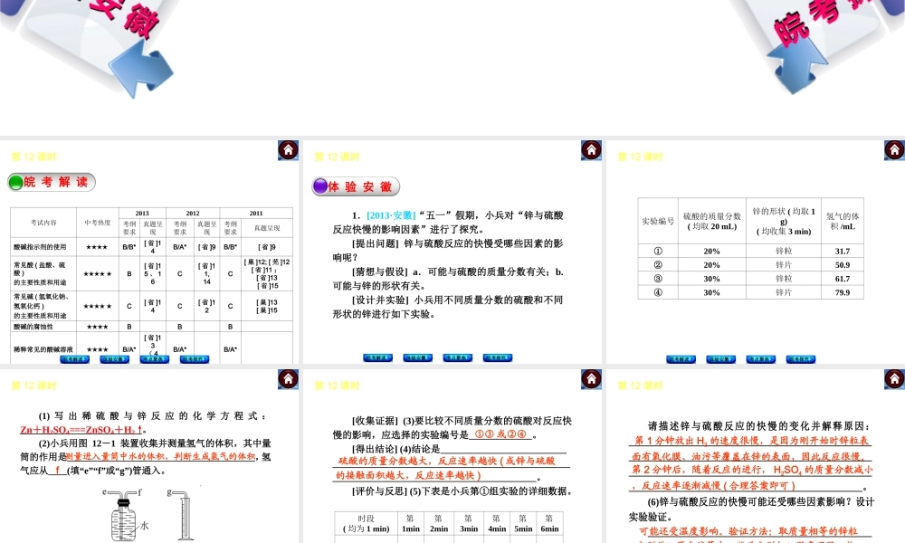 【最新中考必备】（安徽专版）2014中考化学复习方案 第12课时 常见的酸和碱（皖考解读+体验安徽+考点聚焦+皖考探究+13中考真题）权威课件